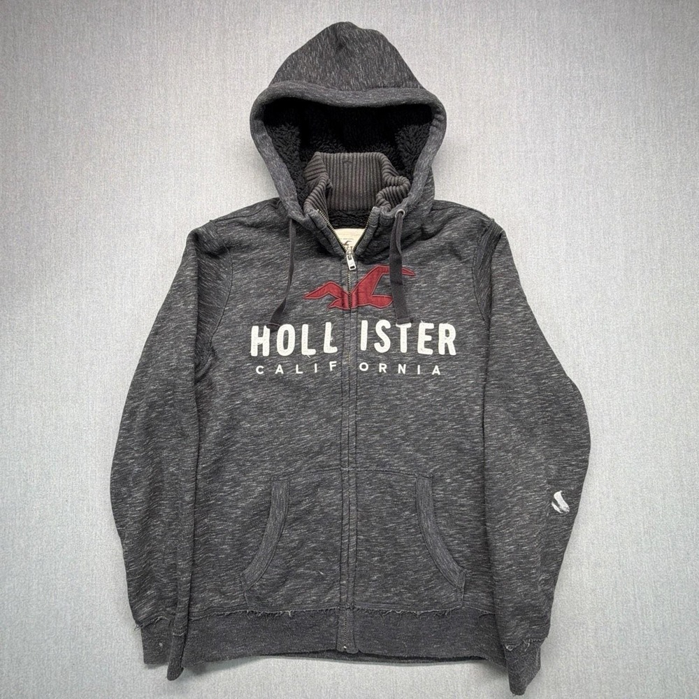 Vintage Y2K Hollister Faux Fur‎ Lined Zip Up Hoodie Gray Size M 2000s